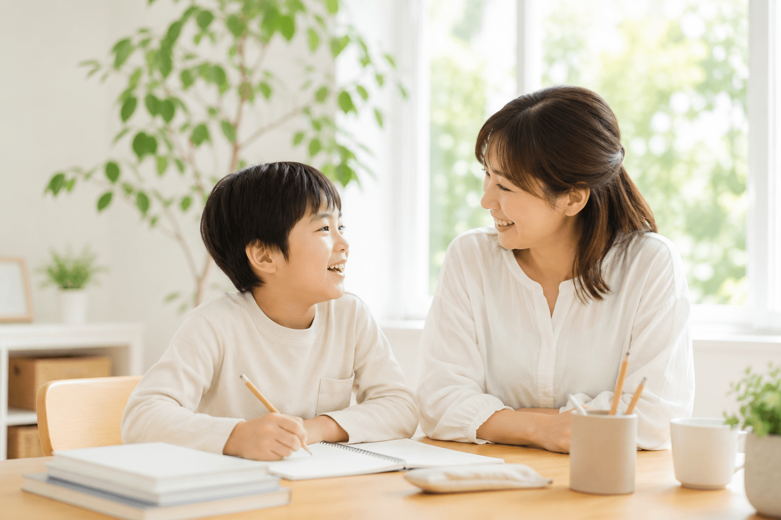 明るいリビングで穏やかに話す親子