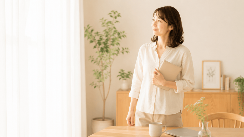 明るい室内でノートを持ち、これからの一歩を考える女性